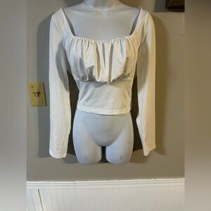 White Long Sleeve Ruched Crop Top